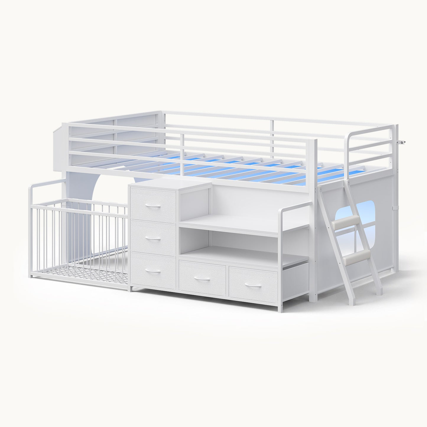 Twin Size Low Loft Bed with Storage Shelves Drawers and LED Lights White