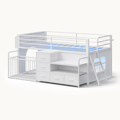 Twin Size Low Loft Bed with Storage Shelves Drawers and LED Lights White