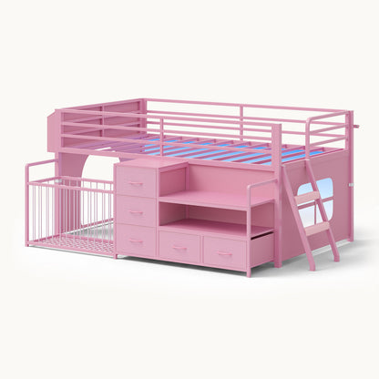 Twin Size Low Loft Bed with Storage Shelves Drawers and LED Lights Pink