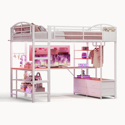 Full Size Gaming Loft Bed with RGB LED Lights White
