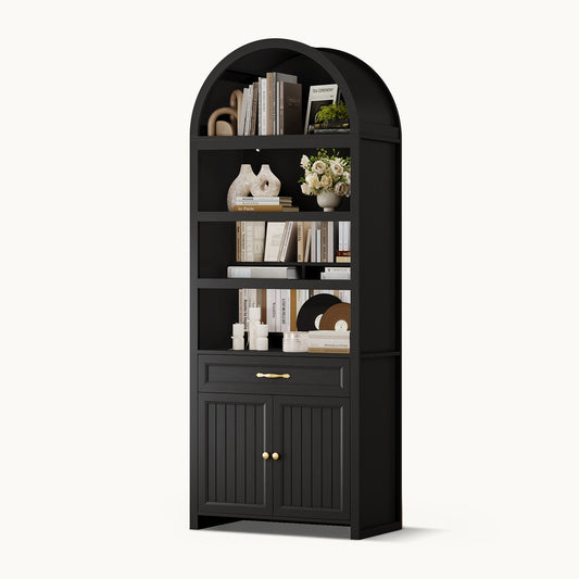84.6" Arched 6-Tier Bookcase with Drawer Storage Black