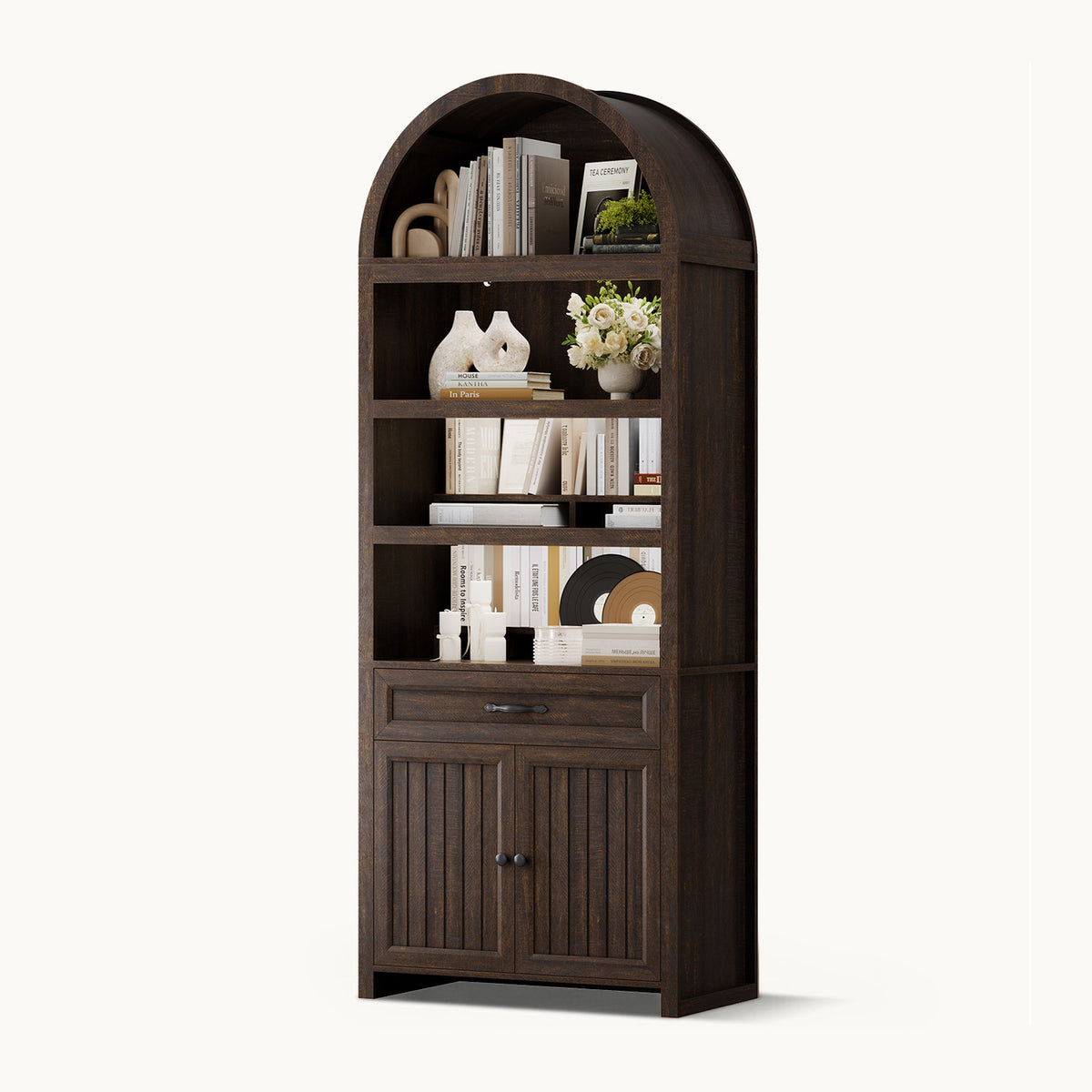 84.6" Arched 6-Tier Bookcase with Drawer Storage Walnut