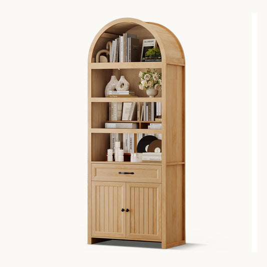 84.6" Arched 6-Tier Bookcase with Drawer Storage Oak