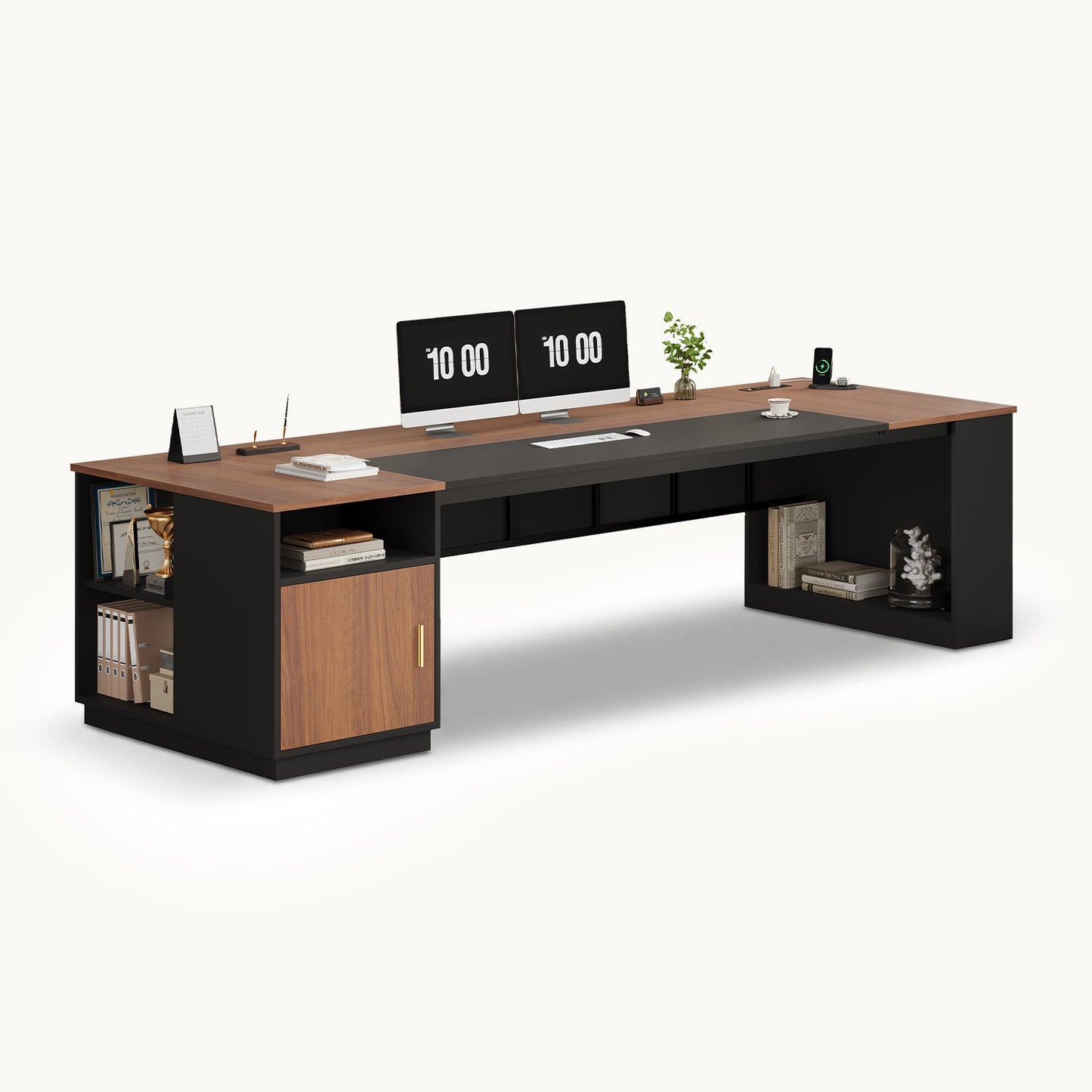78.7" L Shaped Executive Desk with Storage Walnut