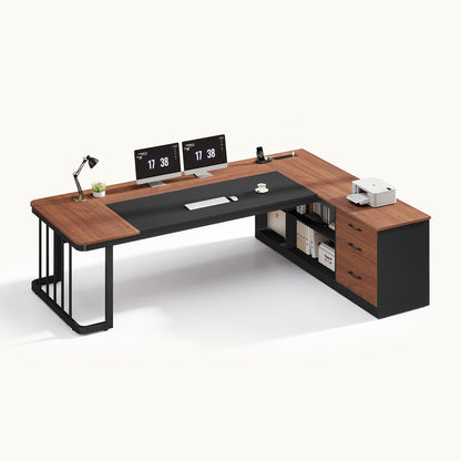 78.7" L Shaped Executive Desk with Drawers Storage Shelves Walnut