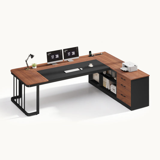 78.7" L Shaped Executive Desk with Drawers Storage Shelves Walnut