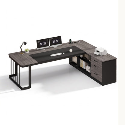 78.7" L Shaped Executive Desk with Drawers Storage Shelves Grey