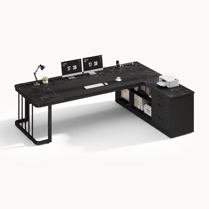 78.7" L Shaped Executive Desk with Drawers Storage Shelves Black