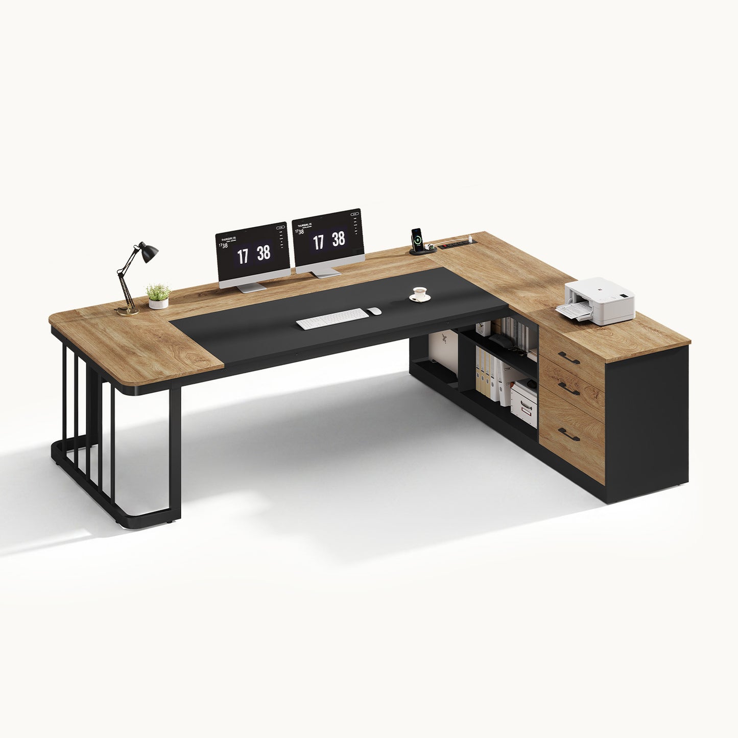 78.7" L Shaped Executive Desk with Drawers Storage Shelves Oak