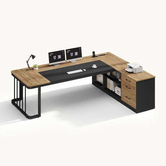 78.7" L Shaped Executive Desk with Drawers Storage Shelves Oak