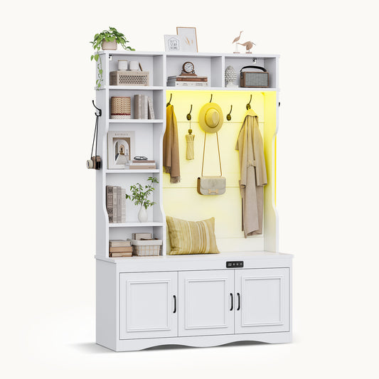 Hall Tree with Shoe Storage Coat Rack LED Lights and Bench White
