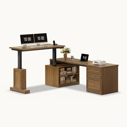 67"x 67" L Shaped Standing Desk with 3 Drawers & Storage Shelves Walnut