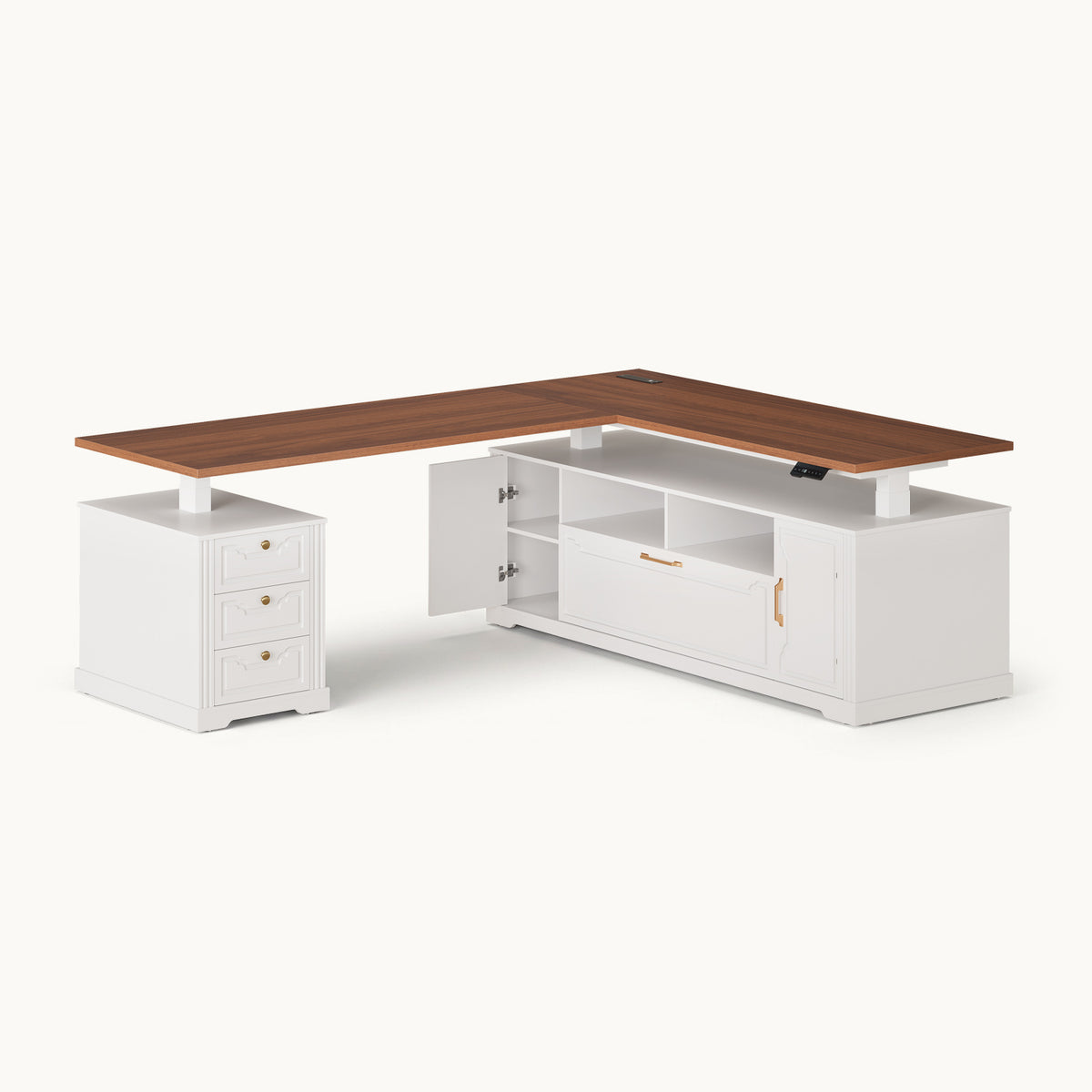 Electric Standing Desk with Storage Drawers and Cabinets White walnut