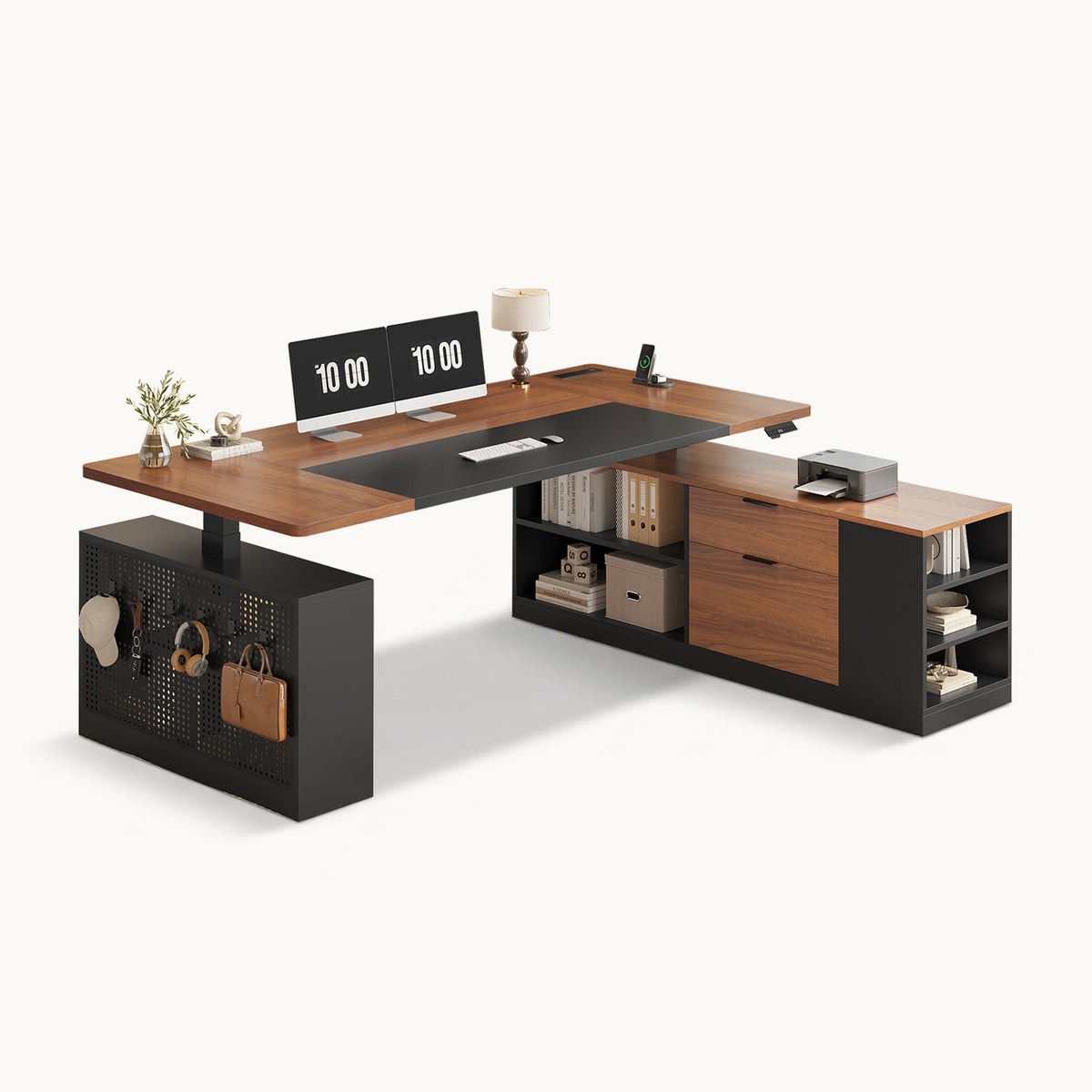 Electric L Shaped Standing Desk with Storage Shelves and Power Outlet Black