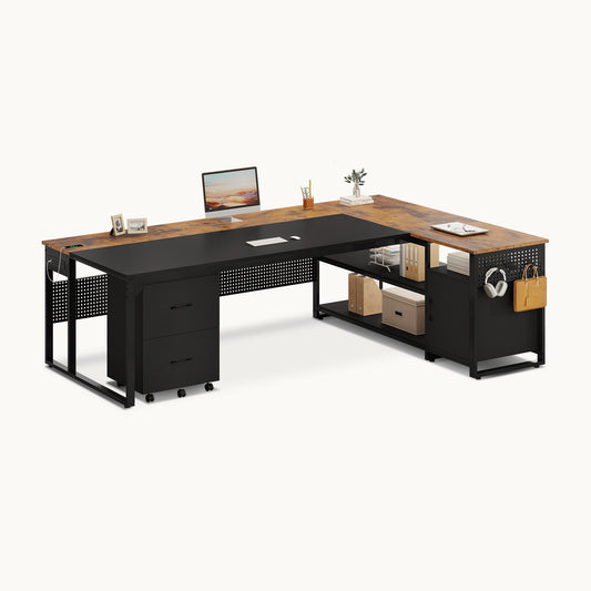71" Reversible L Shaped Desk with Power Outlets Brown