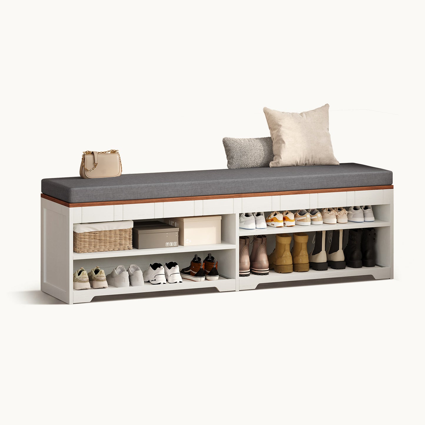 2-Tier Storage Bench with Drawer Cushion and Adjustable Shelf White