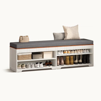 2-Tier Storage Bench with Drawer Cushion and Adjustable Shelf White