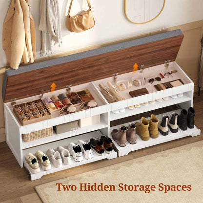 2-Tier Storage Bench with Drawer Cushion and Adjustable Shelf White