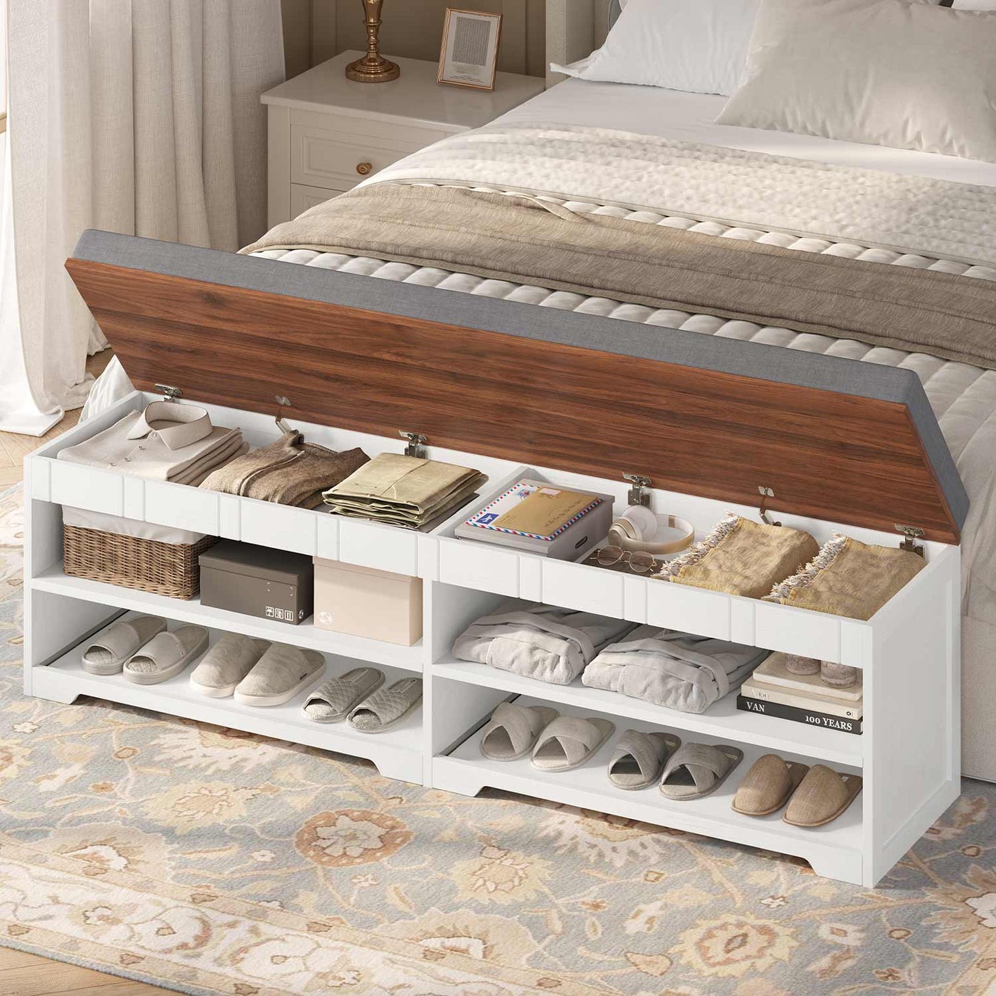 2-Tier Storage Bench with Drawer Cushion and Adjustable Shelf White
