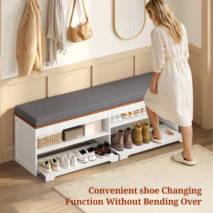 2-Tier Storage Bench with Drawer Cushion and Adjustable Shelf White