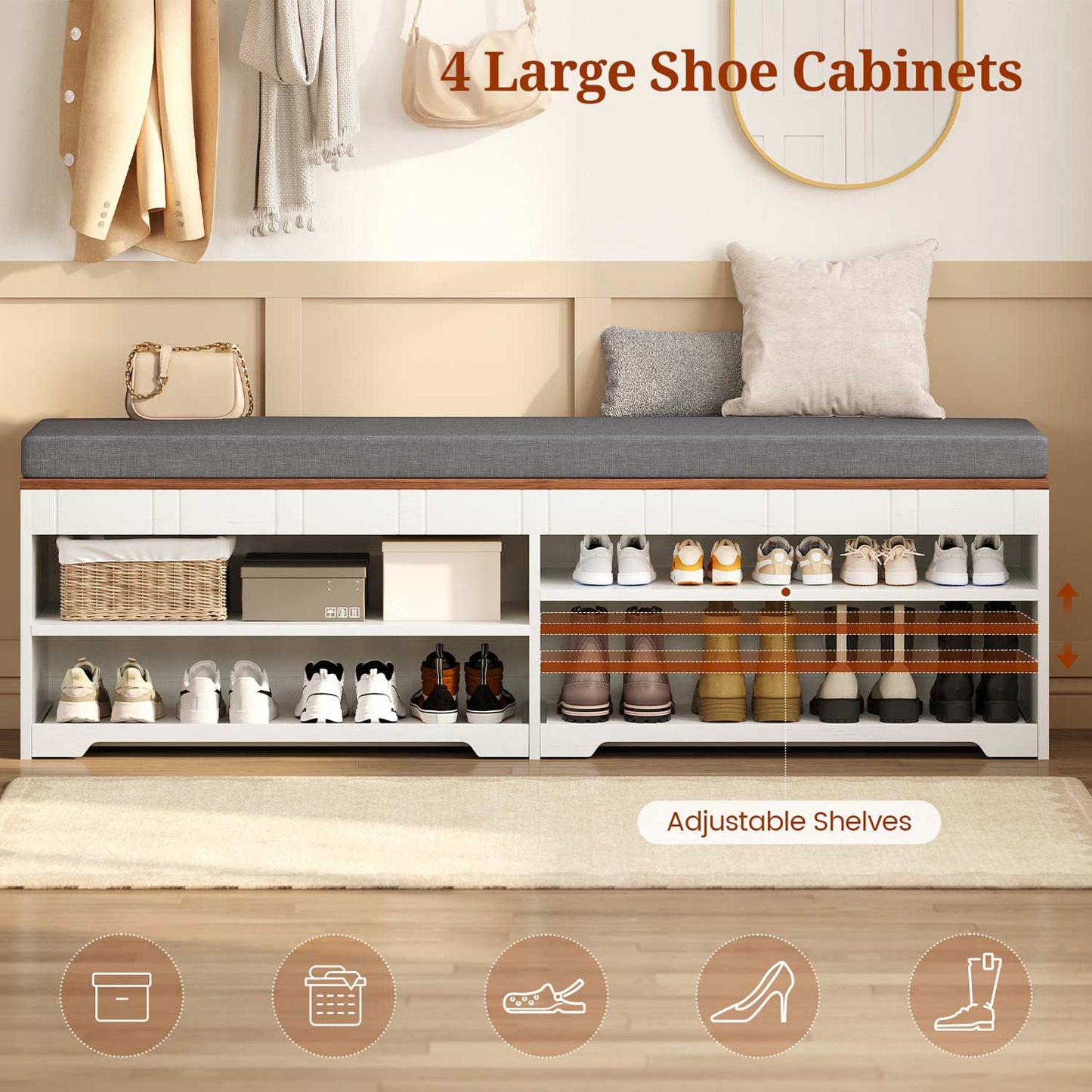 2-Tier Storage Bench with Drawer Cushion and Adjustable Shelf White
