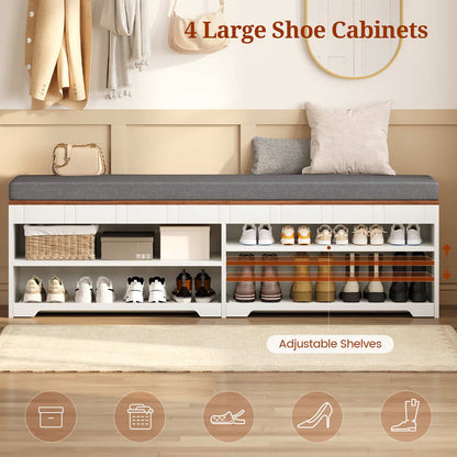2-Tier Storage Bench with Drawer Cushion and Adjustable Shelf White