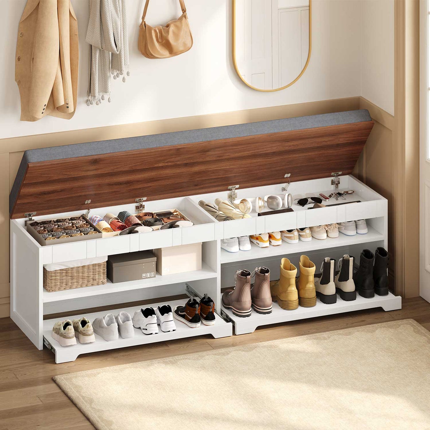 2-Tier Storage Bench with Drawer Cushion and Adjustable Shelf White