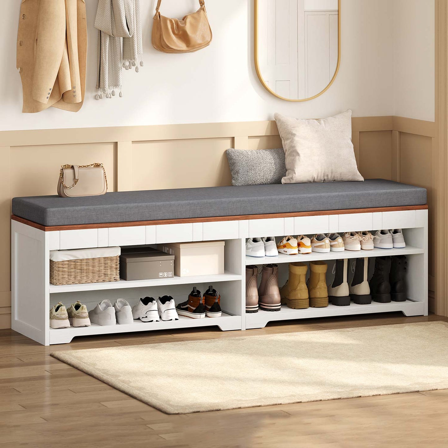 2-Tier Storage Bench with Drawer Cushion and Adjustable Shelf White