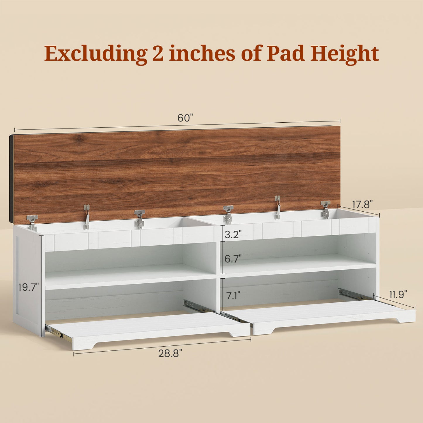 2-Tier Storage Bench with Drawer Cushion and Adjustable Shelf White
