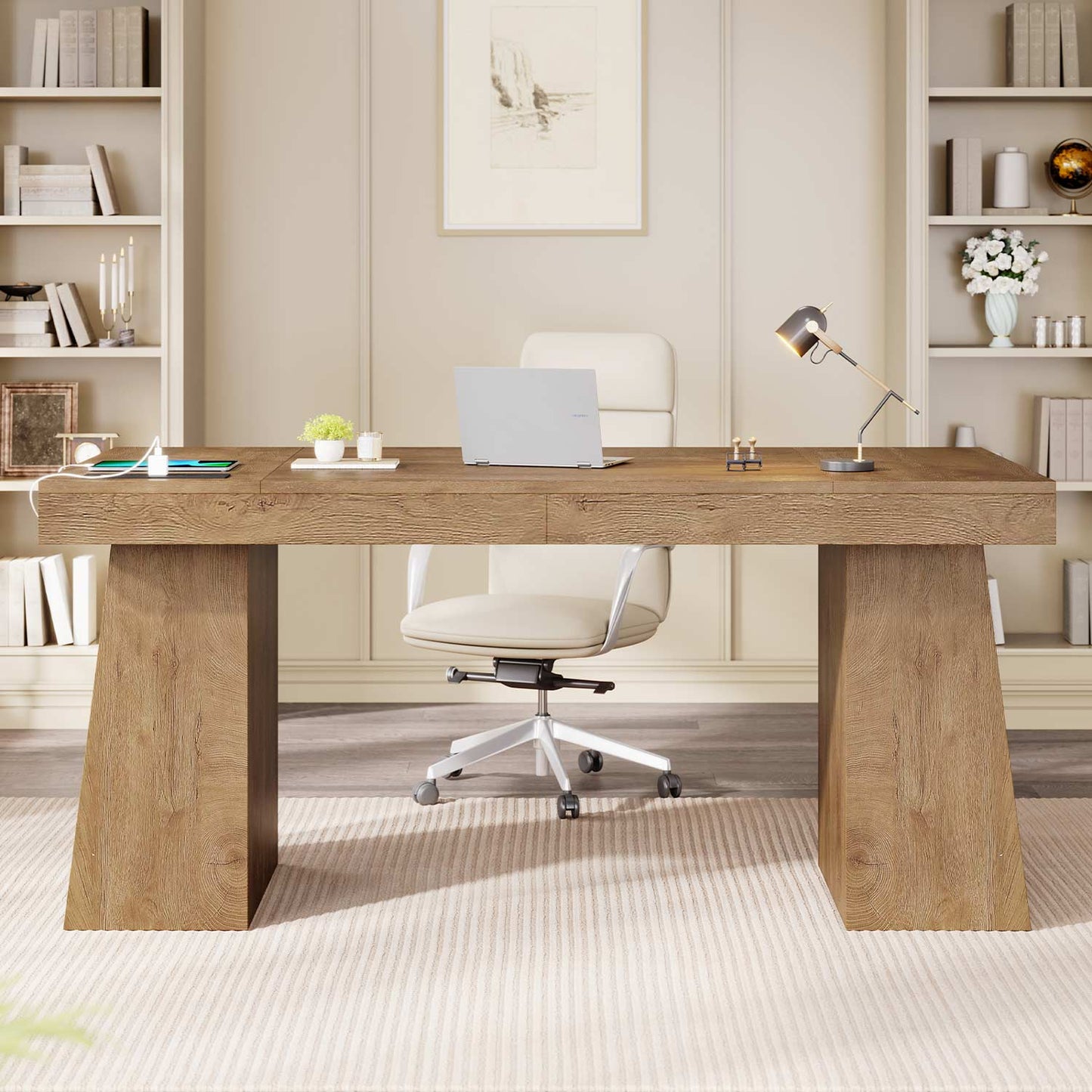 55.9" Executive Desk with Power Outlets & Storage Shelves Oak