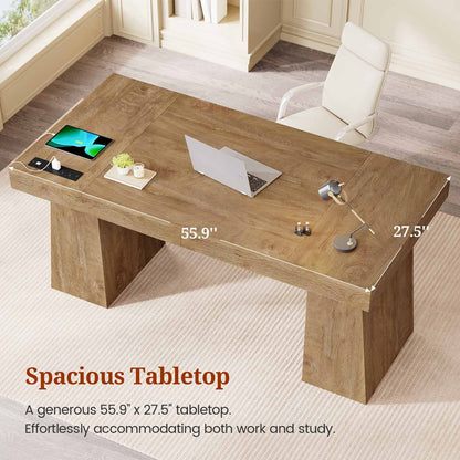 55.9" Executive Desk with Power Outlets & Storage Shelves Oak
