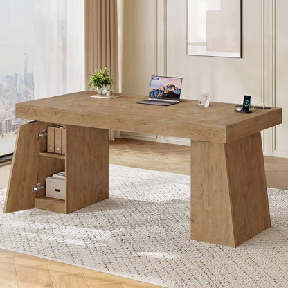 55.9" Executive Desk with Power Outlets & Storage Shelves Oak