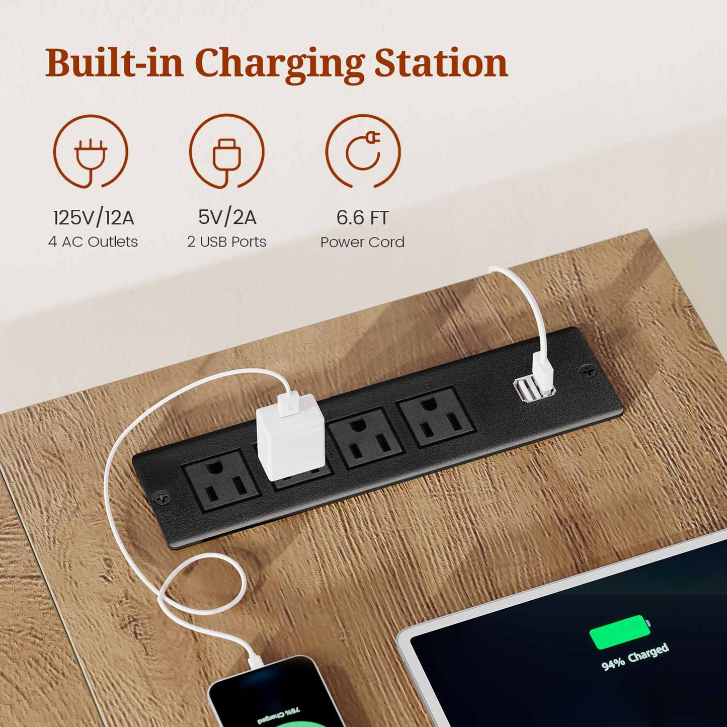 55.9" Executive Desk with Power Outlets & Storage Shelves Oak