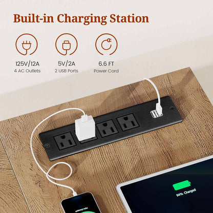 55.9" Executive Desk with Power Outlets & Storage Shelves Oak