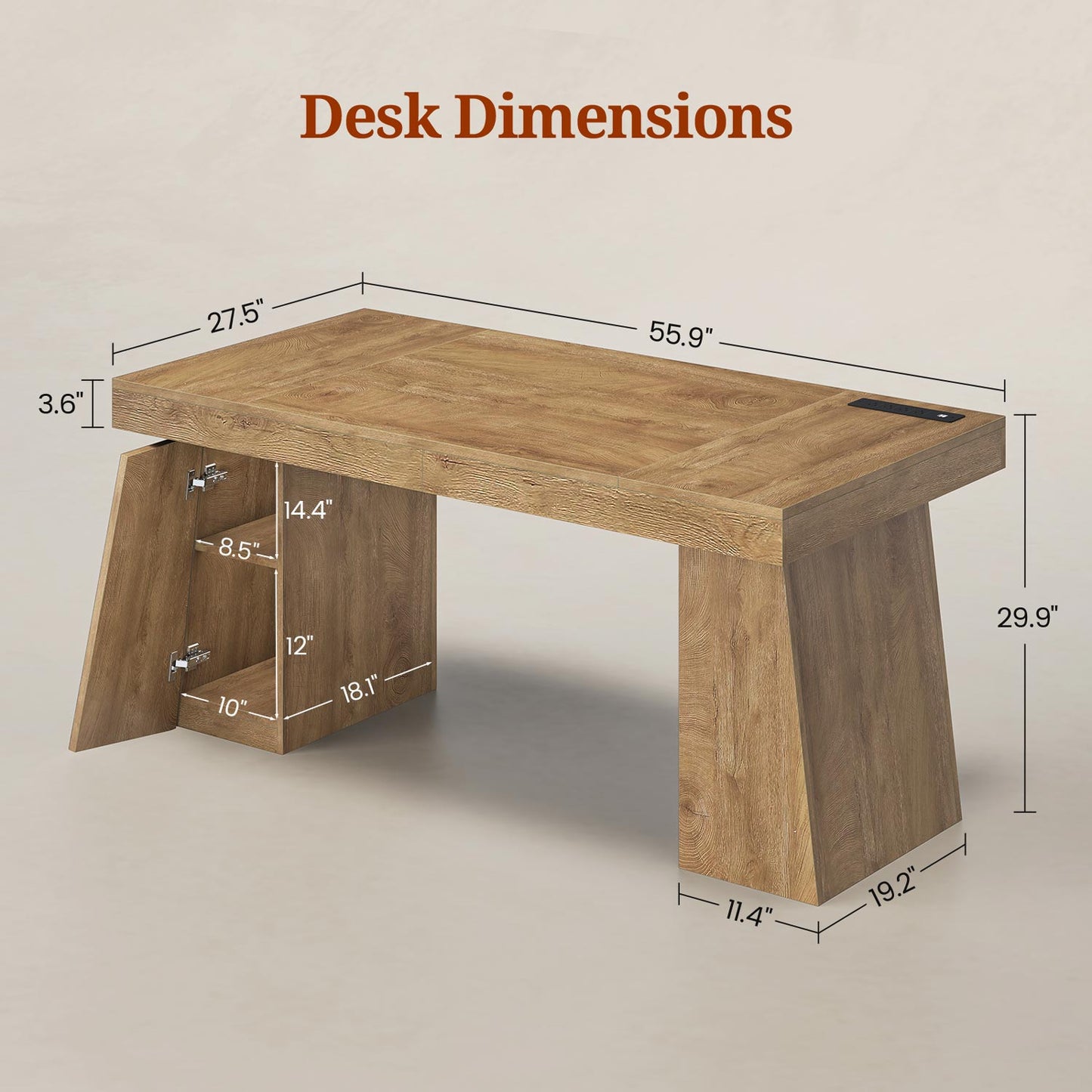 55.9" Executive Desk with Power Outlets & Storage Shelves Oak