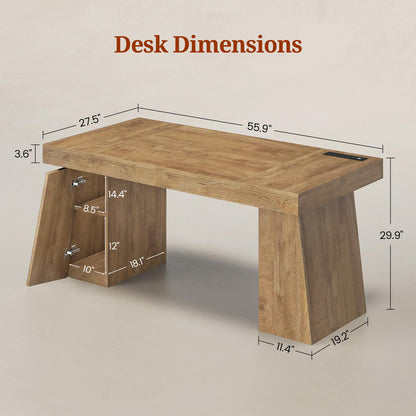 55.9" Executive Desk with Power Outlets & Storage Shelves Oak