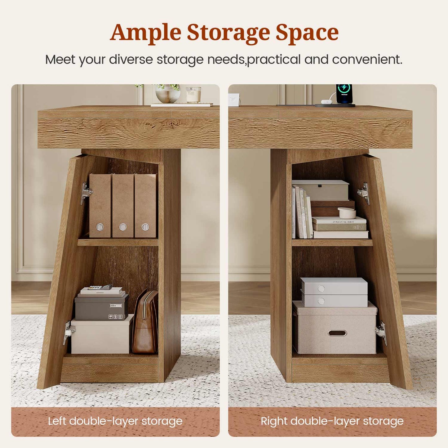 55.9" Executive Desk with Power Outlets & Storage Shelves Oak