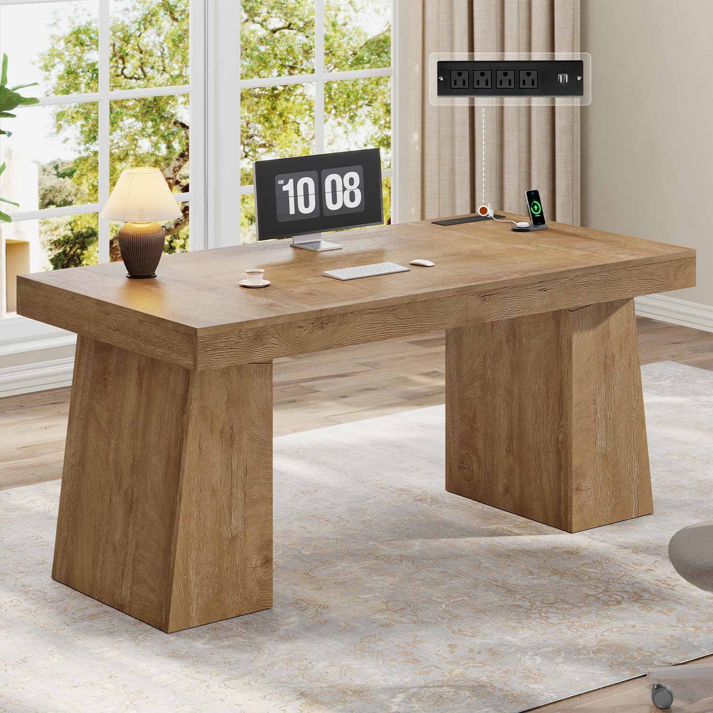 55.9" Executive Desk with Power Outlets & Storage Shelves Oak