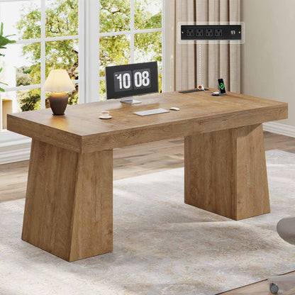 55.9" Executive Desk with Power Outlets & Storage Shelves Oak
