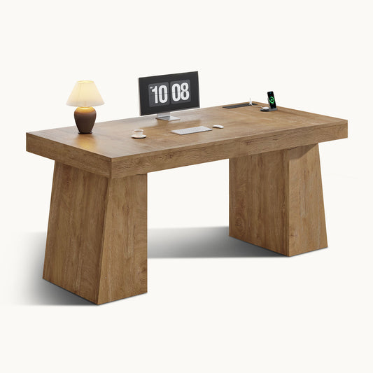 55.9" Executive Desk with Power Outlets & Storage Shelves Oak