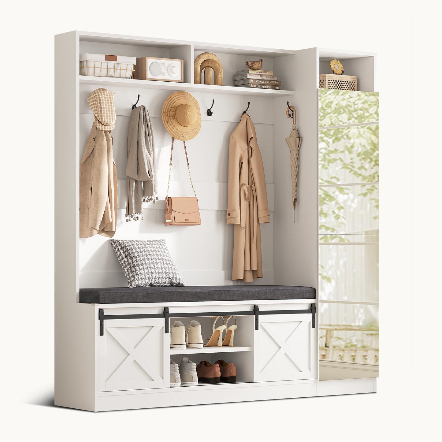 60" Hall Tree with Bench & Shoe Storage & Mirror