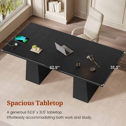 63" Executive Desk with Power Outlets & Storage Shelves Black