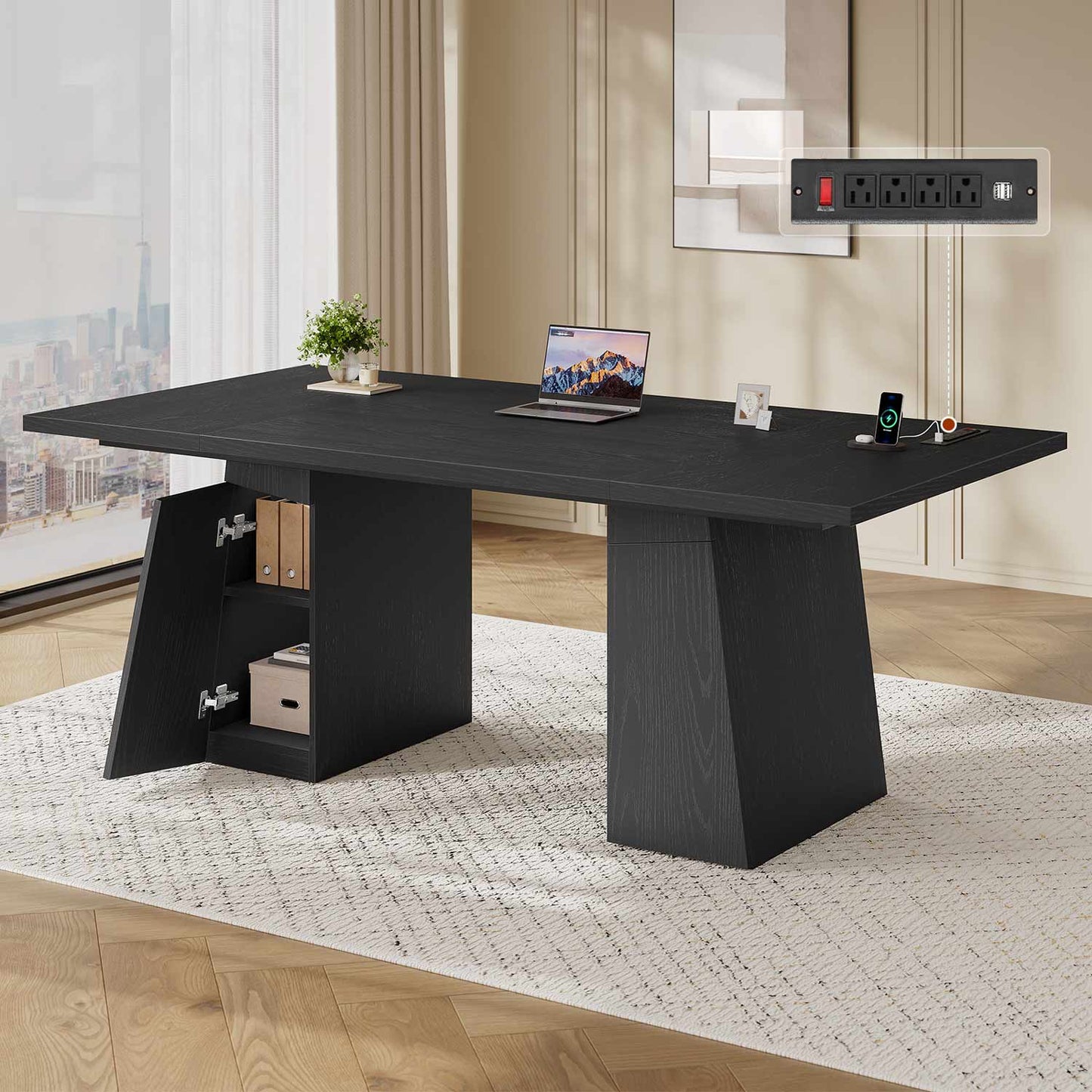 63" Executive Desk with Power Outlets & Storage Shelves Black