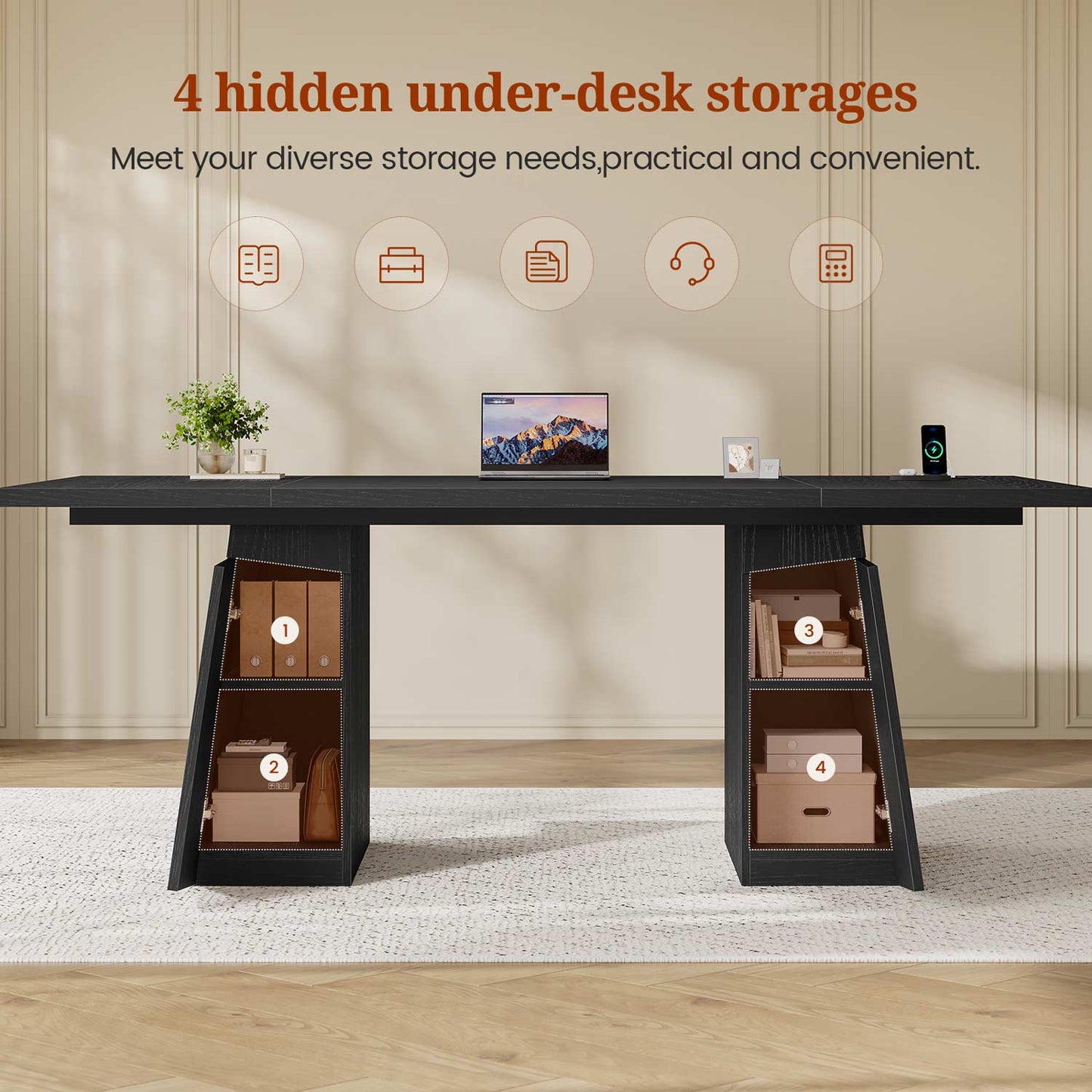 63" Executive Desk with Power Outlets & Storage Shelves Black