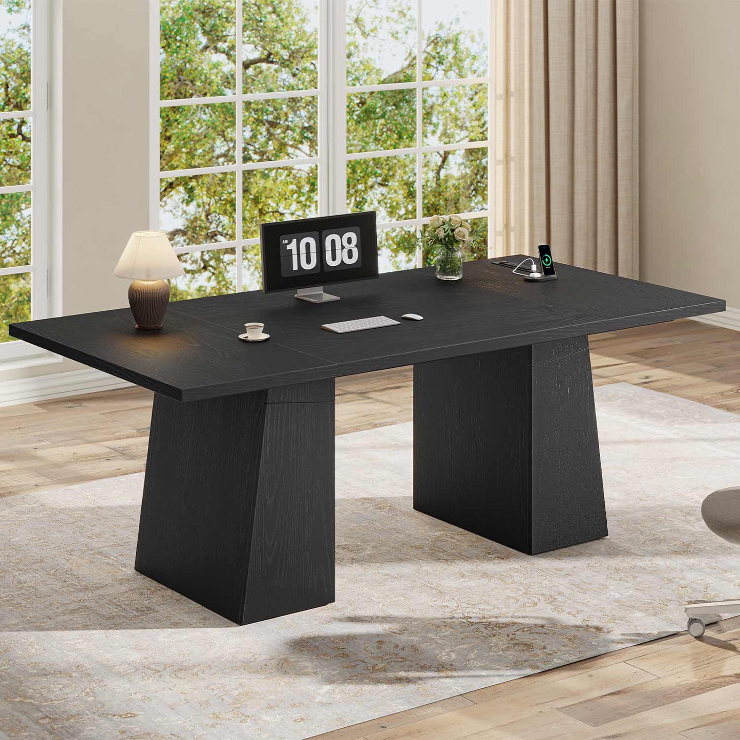 63" Executive Desk with Power Outlets & Storage Shelves Black
