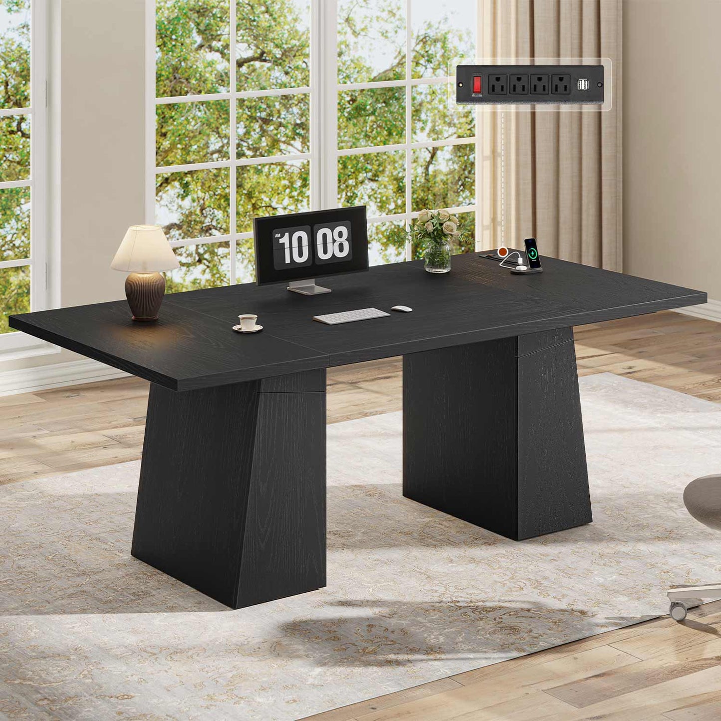 63" Executive Desk with Power Outlets & Storage Shelves Black