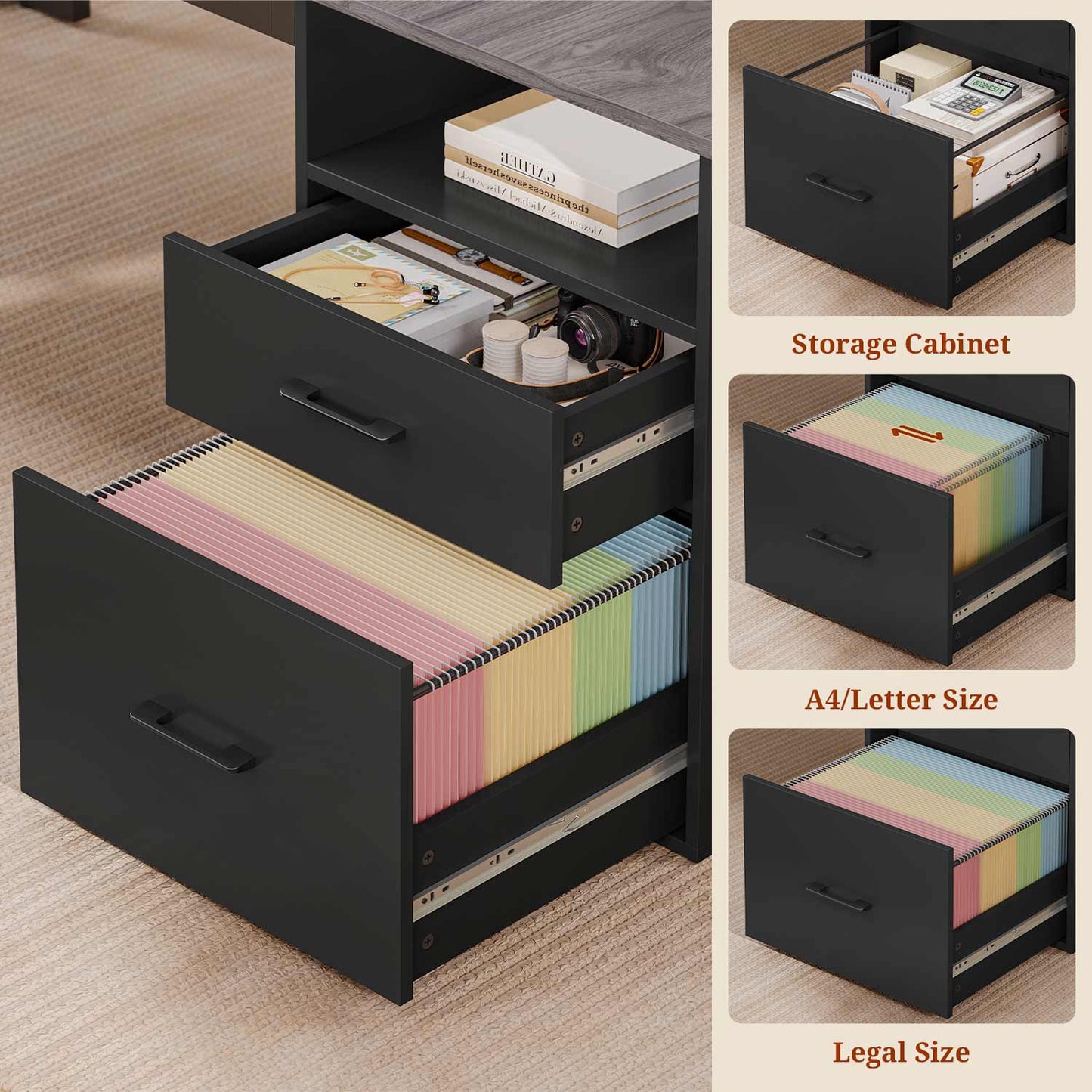 71" Executive Desk with Drawers & Lateral File Cabinet Grey