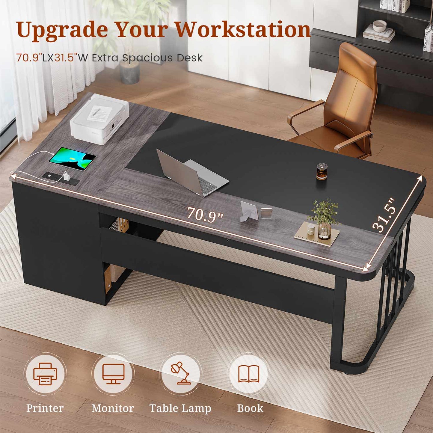 71" Executive Desk with Drawers & Lateral File Cabinet Grey