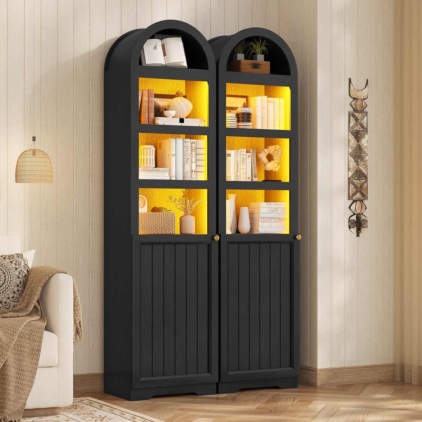72" Tall Arched Narrow Bathroom Storage Cabinet with Lights Black