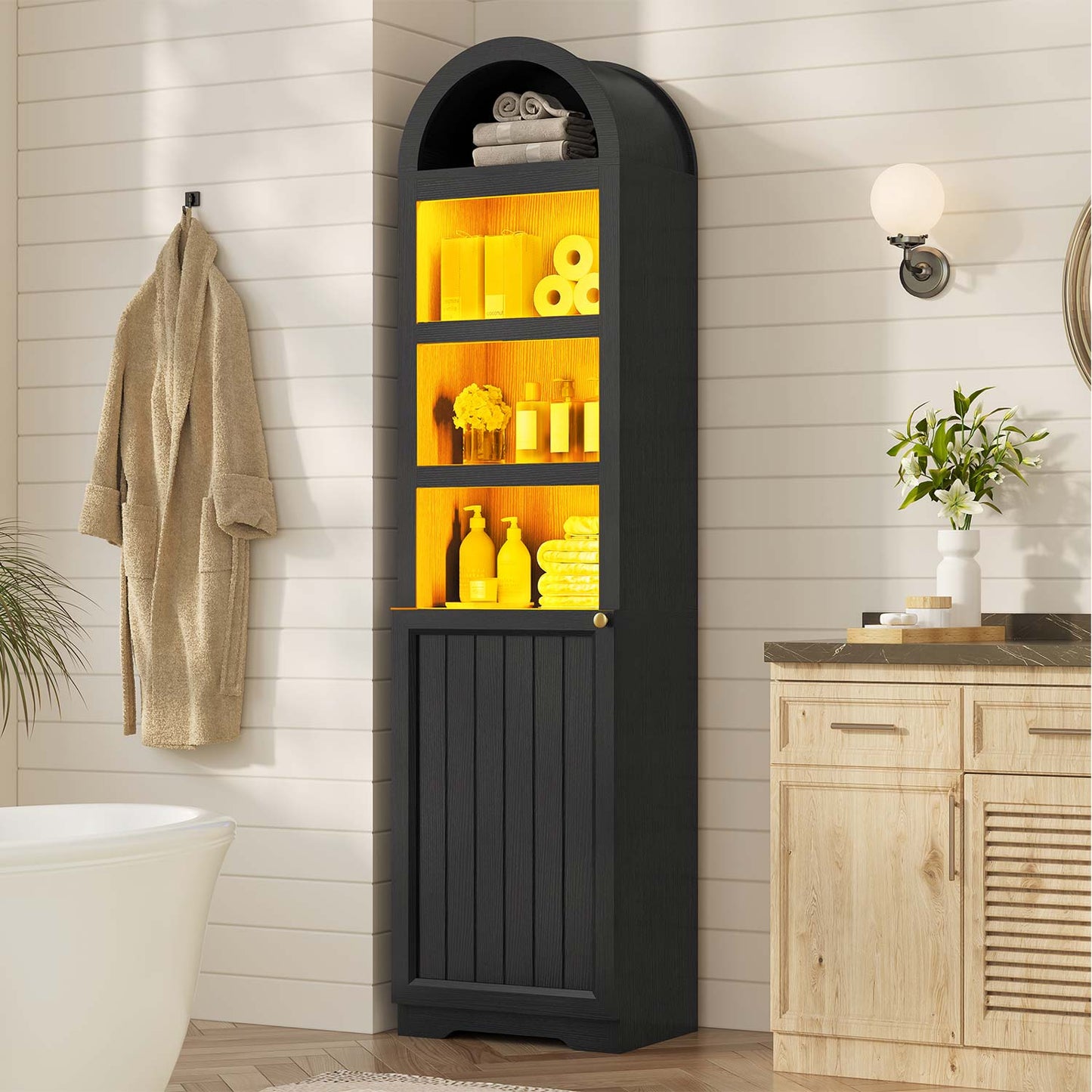 72" Tall Arched Narrow Bathroom Storage Cabinet with Lights Black